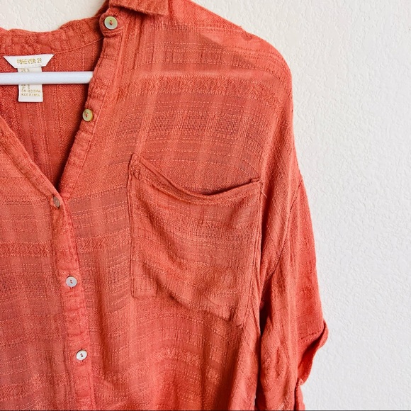 Orange Rust Check Self-Tie Short Sleeve Button Down Blouse - Picture 5 of 8